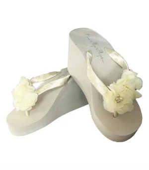 Ivory 3.5 Inch Wedge Flip Flops, Choose Heel Height, Rhinestone Pearl Chiffon Flowers, White, Flat, Bridal Bride Sandals, Birthday Prom Quinceanera