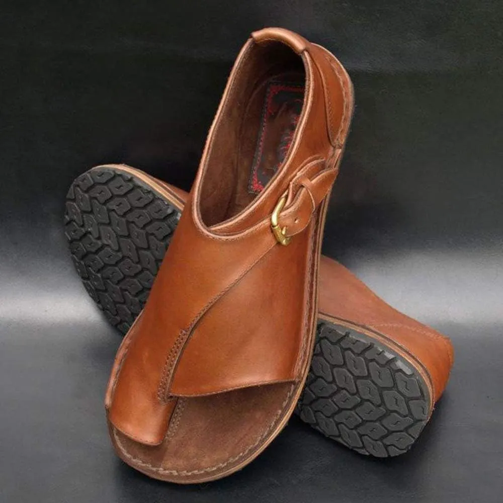 JITUUE Flat Sandals for Women Low Heels Vintage Leather Open-toe Slip on Summer Shoes Buckle Ankle Wrap