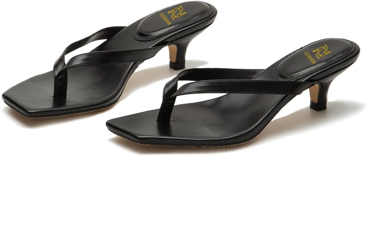 LEHOOR Flip-Flops Mules Kitten Heels Thong Sandals Square Open Toe for Women Slim Matte Leather T-Straps mules slippers kitten heeled Summer Comfortable for Daily Wear Beach