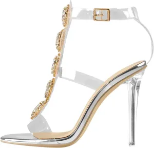 LISHAN Clear Rhinestone Heels for Women Gladiator Strappy Transparent Ankle Strap Crystal Sandals Open Toe Stiletto Heels