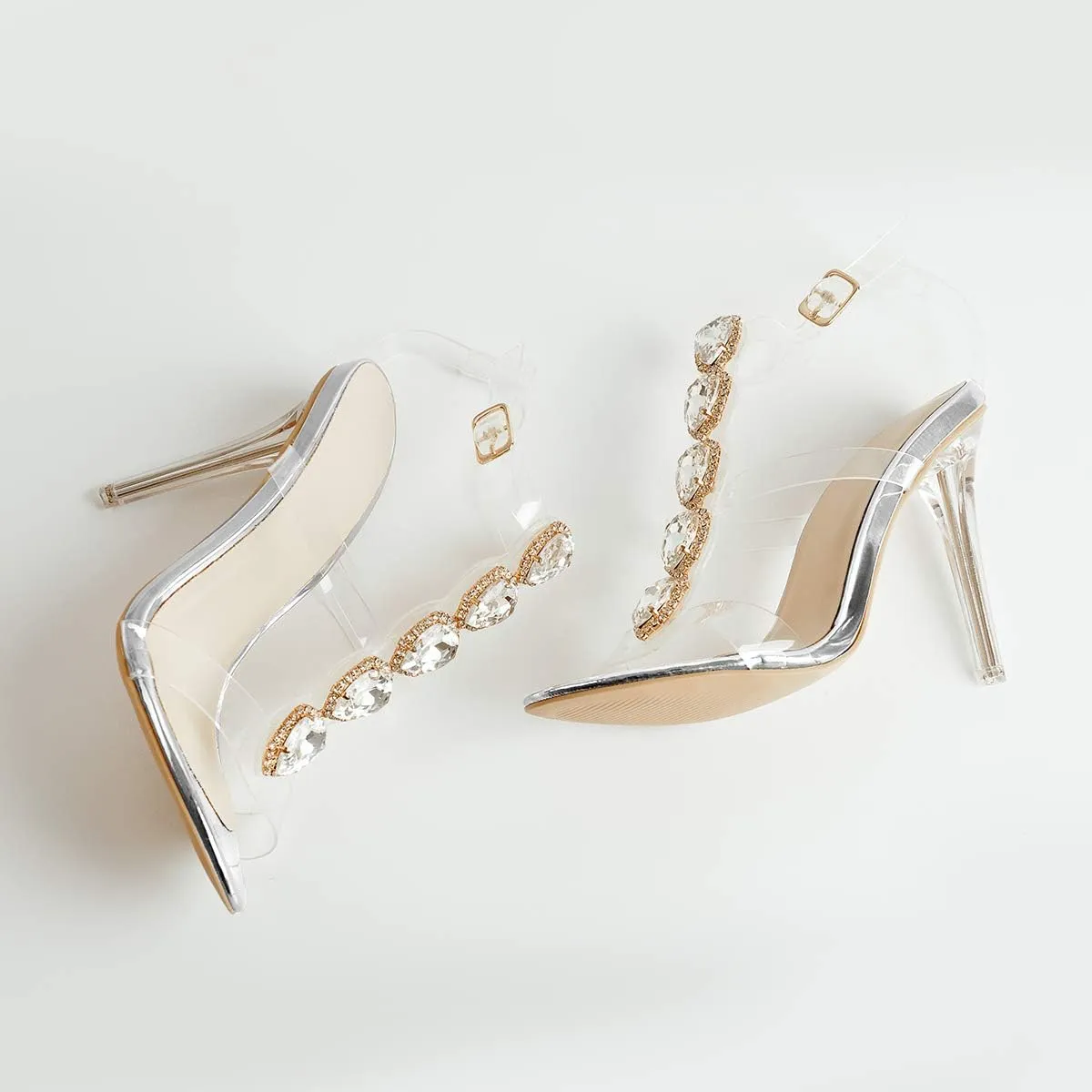 LISHAN Clear Rhinestone Heels for Women Gladiator Strappy Transparent Ankle Strap Crystal Sandals Open Toe Stiletto Heels