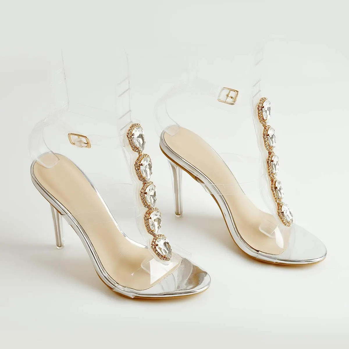 LISHAN Clear Rhinestone Heels for Women Gladiator Strappy Transparent Ankle Strap Crystal Sandals Open Toe Stiletto Heels