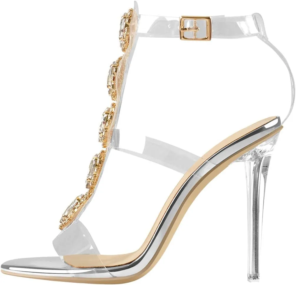 LISHAN Clear Rhinestone Heels for Women Gladiator Strappy Transparent Ankle Strap Crystal Sandals Open Toe Stiletto Heels
