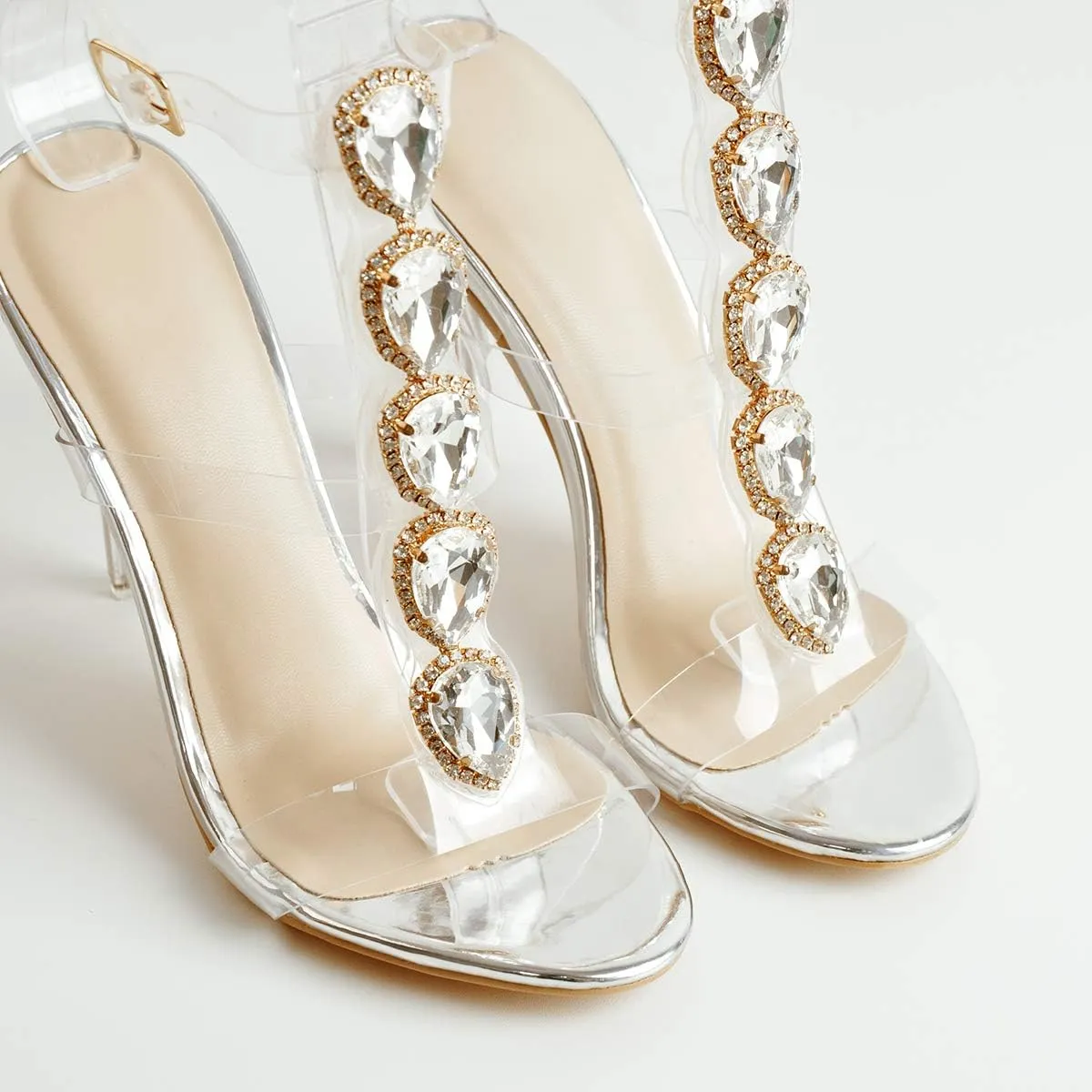 LISHAN Clear Rhinestone Heels for Women Gladiator Strappy Transparent Ankle Strap Crystal Sandals Open Toe Stiletto Heels