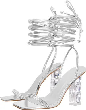 LISHAN Womens' Clear Strappy Chunky Block 4in Heels Rhinestone Bow Knot Sandals