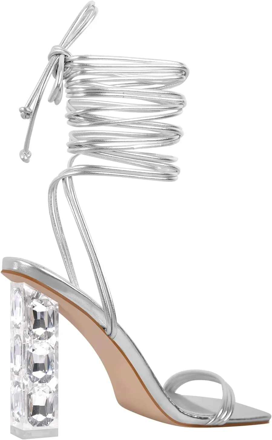 LISHAN Womens' Clear Strappy Chunky Block 4in Heels Rhinestone Bow Knot Sandals