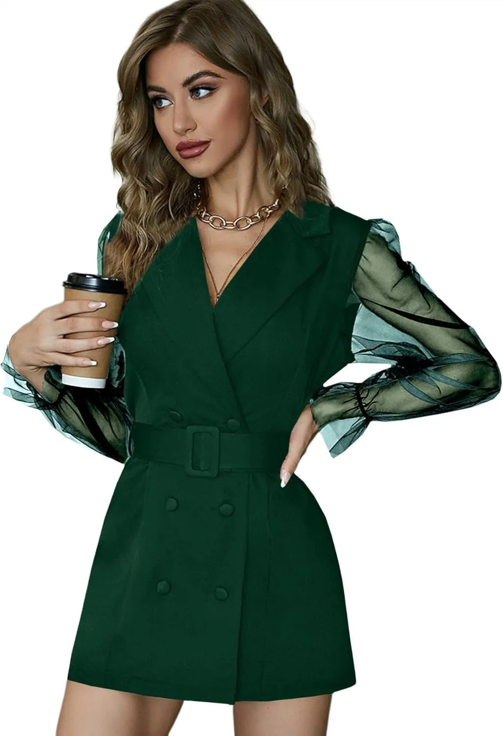 LYANER Women's Elegant Collar V Neck Lace Long Sleeve Blazer Mini Dress with Belt