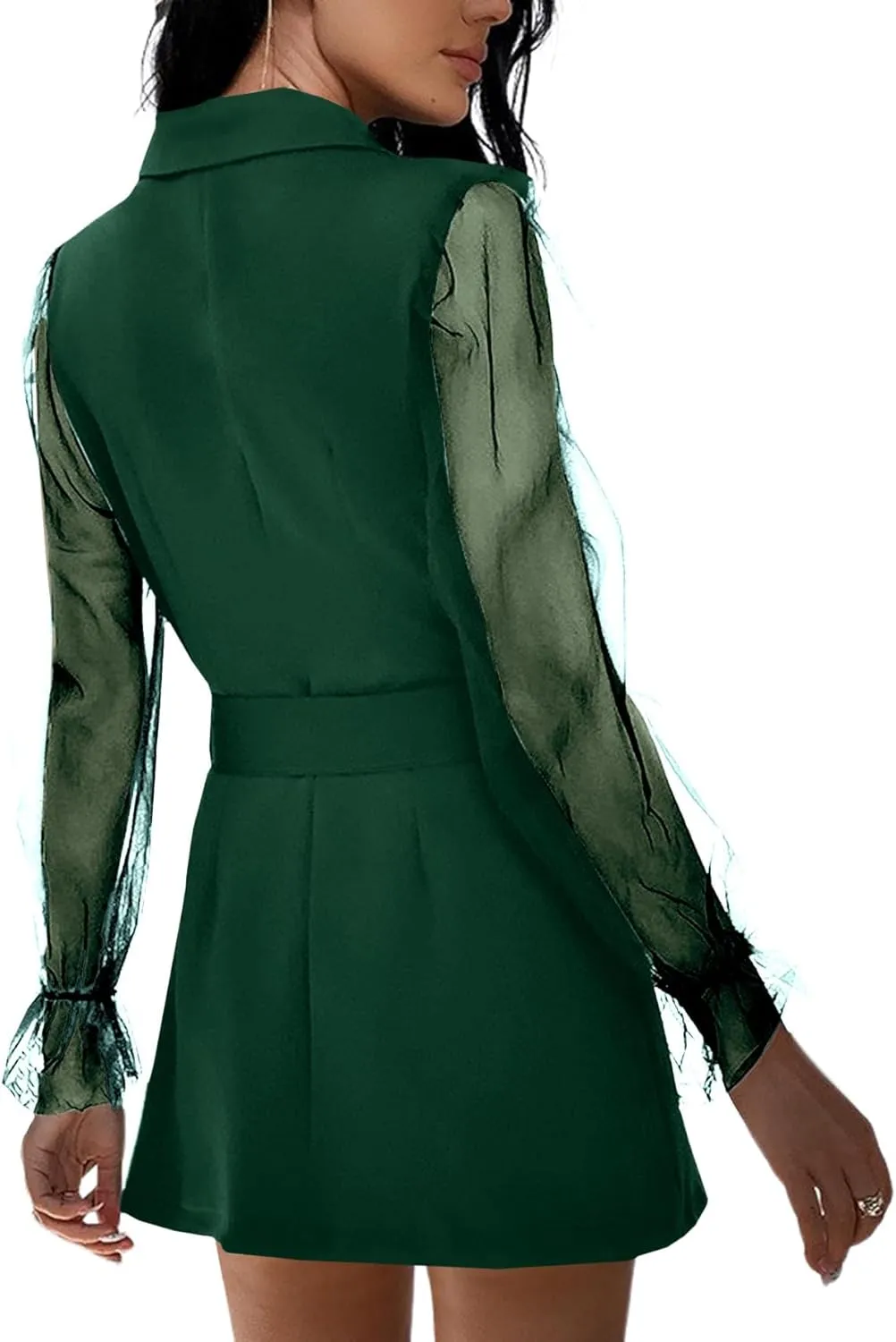 LYANER Women's Elegant Collar V Neck Lace Long Sleeve Blazer Mini Dress with Belt