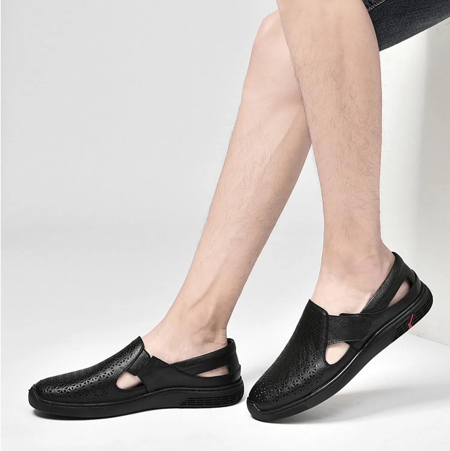 Men's Genuine Leather Hollow Flat Loafers Closed Round Toe Slip On Casual Sandals Summer Outdoor Breathable Anti-Slip Walking Shoes