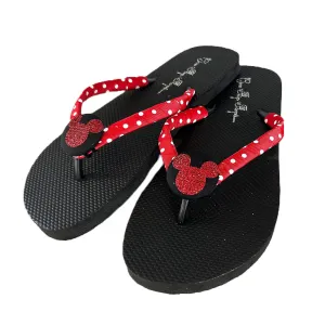 Mickey Glitter Flip Flops, Red Polka Dot Disney Vacation Sandals in Customizable Colors, Bling Mouse, Cruise for Kids and Ladies, Child