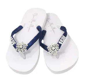 Navy/White Bride Sandals with Glitter & Vintage Flower Rhinestone