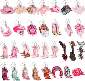 Nosiny 30 Pairs Wooden Western Cowgirl Earrings Cowboy Boot Dangle Earrings Rodeo Party Outfits Jewelry for Western Women