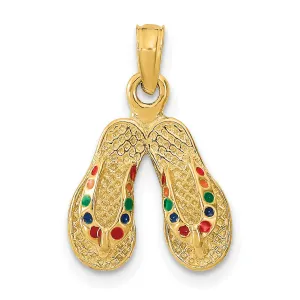 Pair of Flip Flop Sandals with Multi-Color Enamel Dots Charm Pendant in Real 14k Yellow Gold