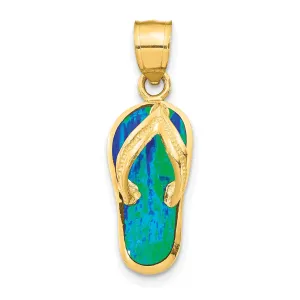 Polished Created Blue Opal Flip Flop Charm Pendant in Real 14k Yellow Gold