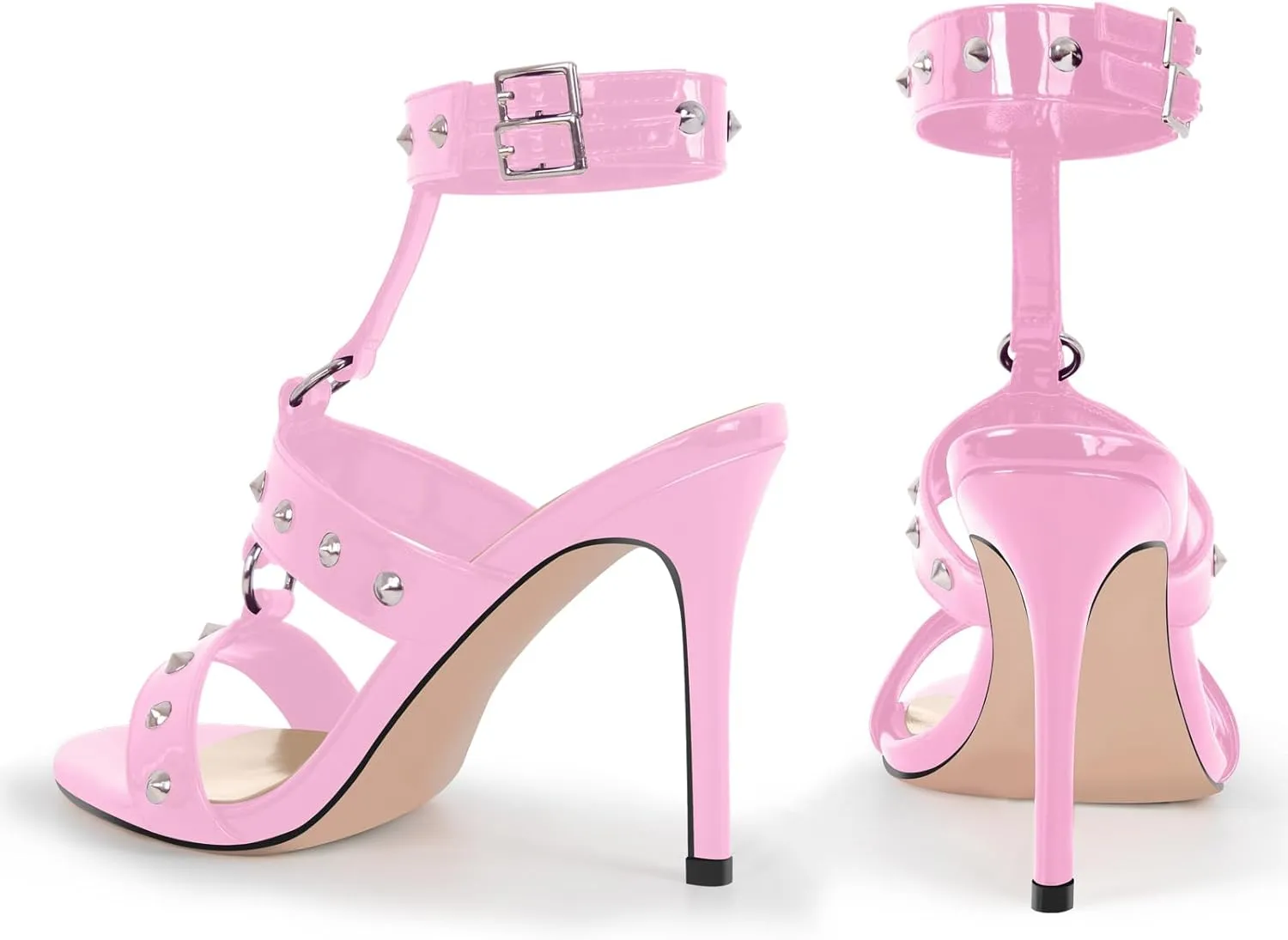 richealnini Rivet Heels for Women Studded T-strap Ankle Buckle Wrap Strappy Heels Gladiator Stiletto Sandals