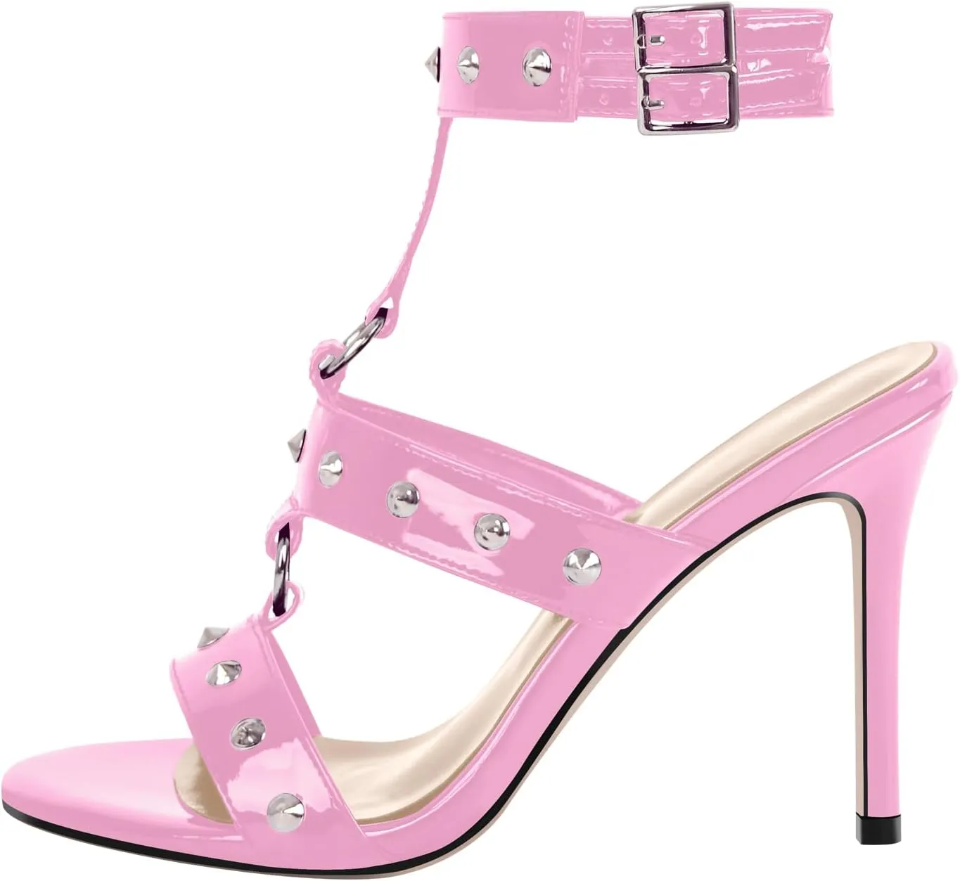richealnini Rivet Heels for Women Studded T-strap Ankle Buckle Wrap Strappy Heels Gladiator Stiletto Sandals