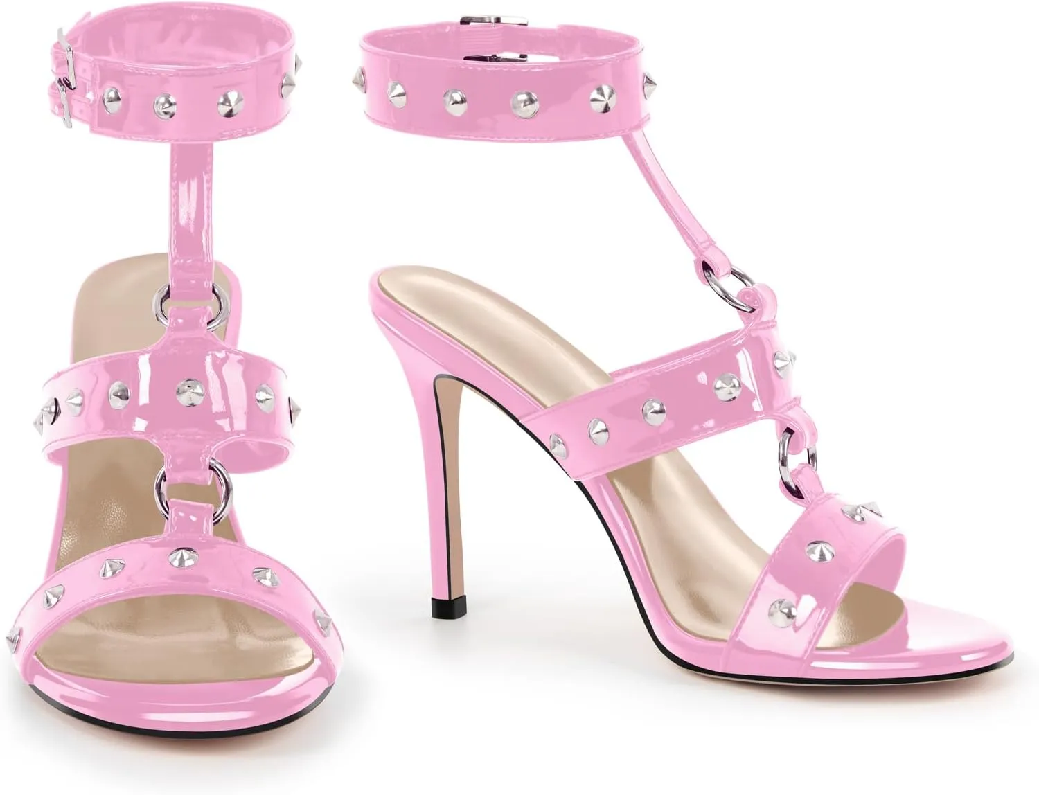 richealnini Rivet Heels for Women Studded T-strap Ankle Buckle Wrap Strappy Heels Gladiator Stiletto Sandals