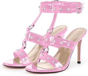 richealnini Rivet Heels for Women Studded T-strap Ankle Buckle Wrap Strappy Heels Gladiator Stiletto Sandals