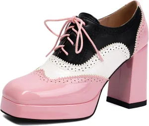 SACFOF Women Platform Oxford Shoes Lace Up Square Toe Wingtip Vintage Chunky Heel Ankle Booties Block High Heel Platform Pumps