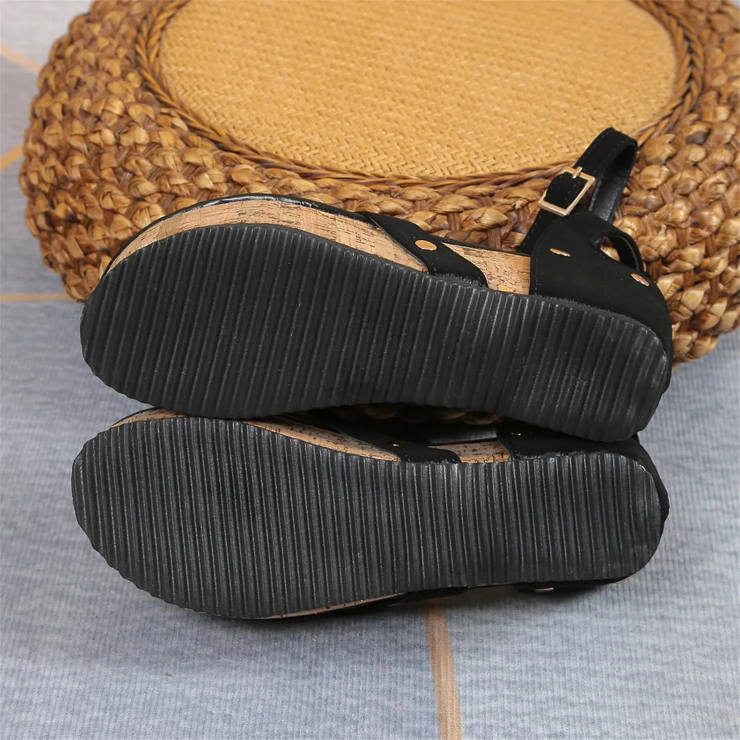 Sandals For Womens Cork Foot bed Wedge Thong Sandals Buckle Adjustable Platform Heels Dress Beach Flip-Flop