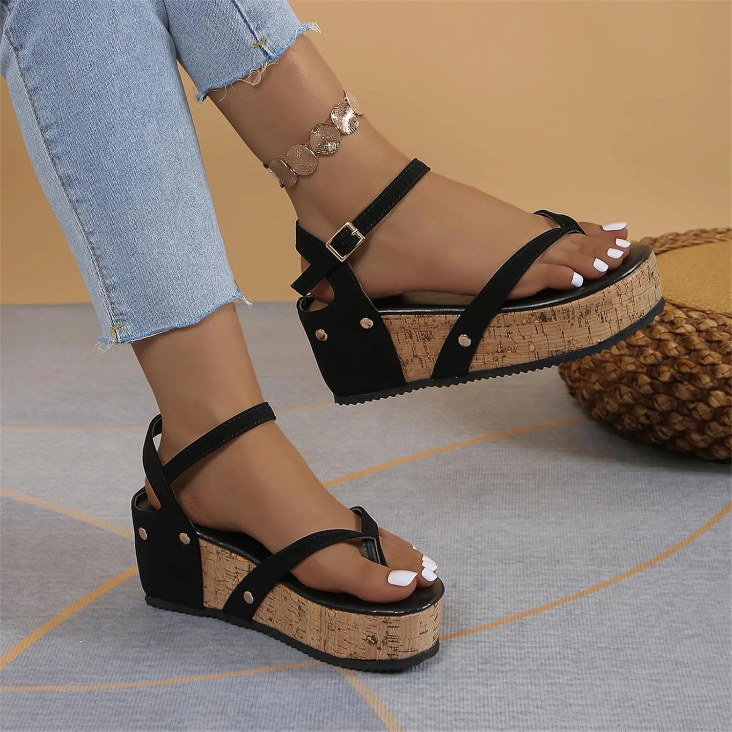 Sandals For Womens Cork Foot bed Wedge Thong Sandals Buckle Adjustable Platform Heels Dress Beach Flip-Flop