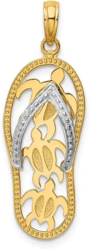 Solid Real 14k Yellow and White Gold Two Tone Triple Sea Turtle Flip-Flop Pendant Charm - 34mm x 11mm
