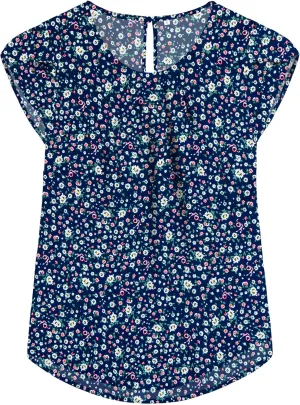 TASAMO Women's Casual Round Neck Basic Pleated Top Cap Sleeve Curved Keyhole Back Chiffon Blouse