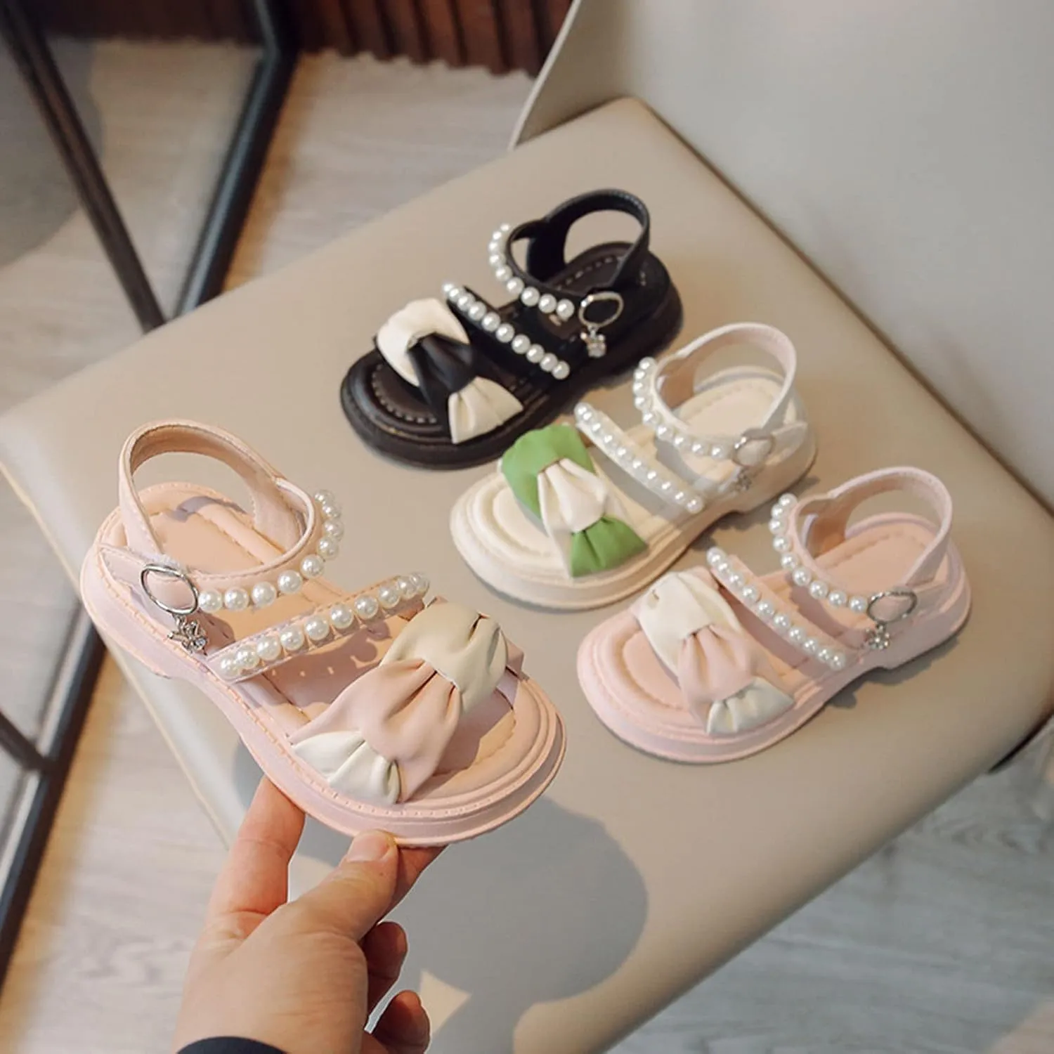 Toddler Little Girls Sandals Summer Dress Shoes for Girl Open Toe Outdoor Pearl Buckle Ankle Strap Flats Cute Shoe