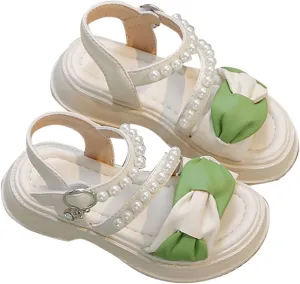 Toddler Little Girls Sandals Summer Dress Shoes for Girl Open Toe Outdoor Pearl Buckle Ankle Strap Flats Cute Shoe