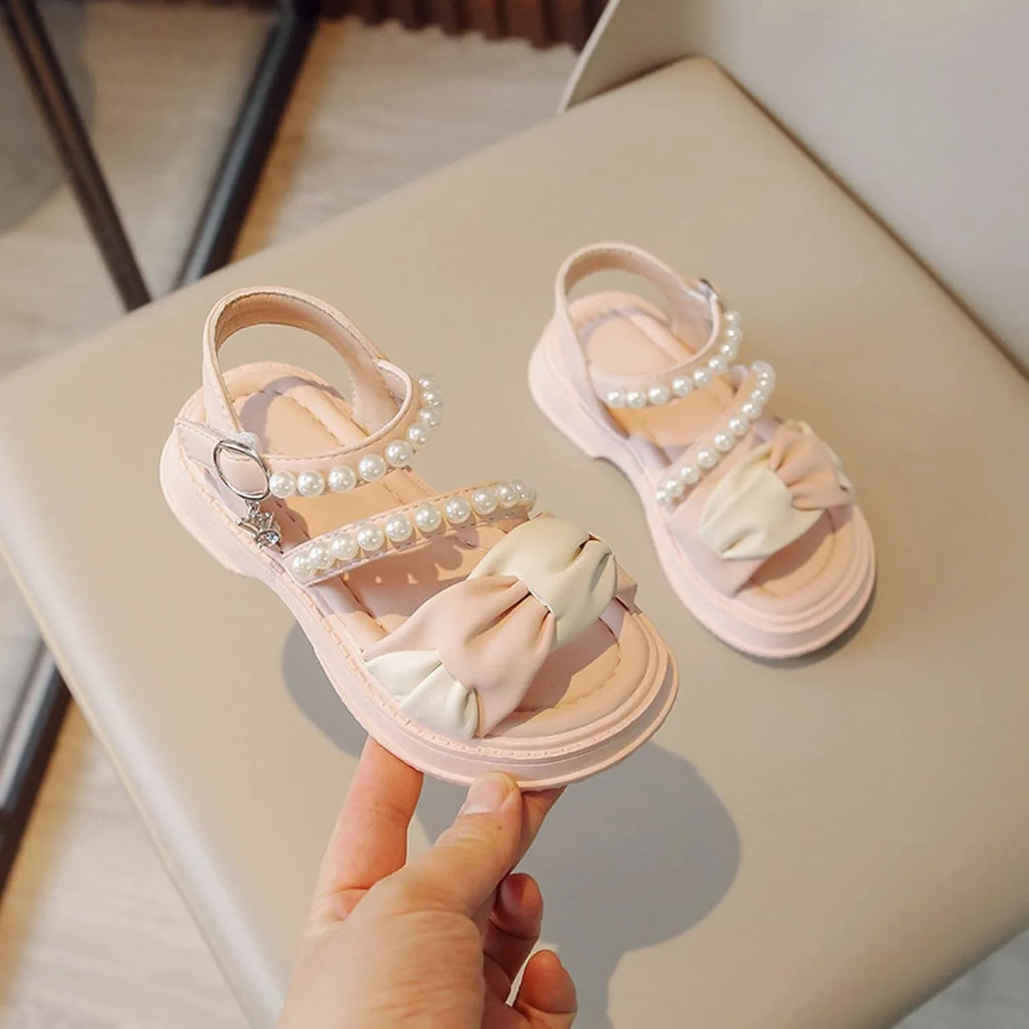 Toddler Little Girls Sandals Summer Dress Shoes for Girl Open Toe Outdoor Pearl Buckle Ankle Strap Flats Cute Shoe