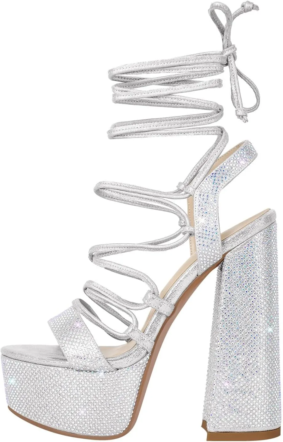 VERISSON Gladiator Rhinestone Block Heels Open Toe Platform Lace up Sandals for Prom Dressing Party
