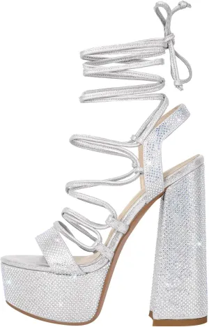VERISSON Gladiator Rhinestone Block Heels Open Toe Platform Lace up Sandals for Prom Dressing Party