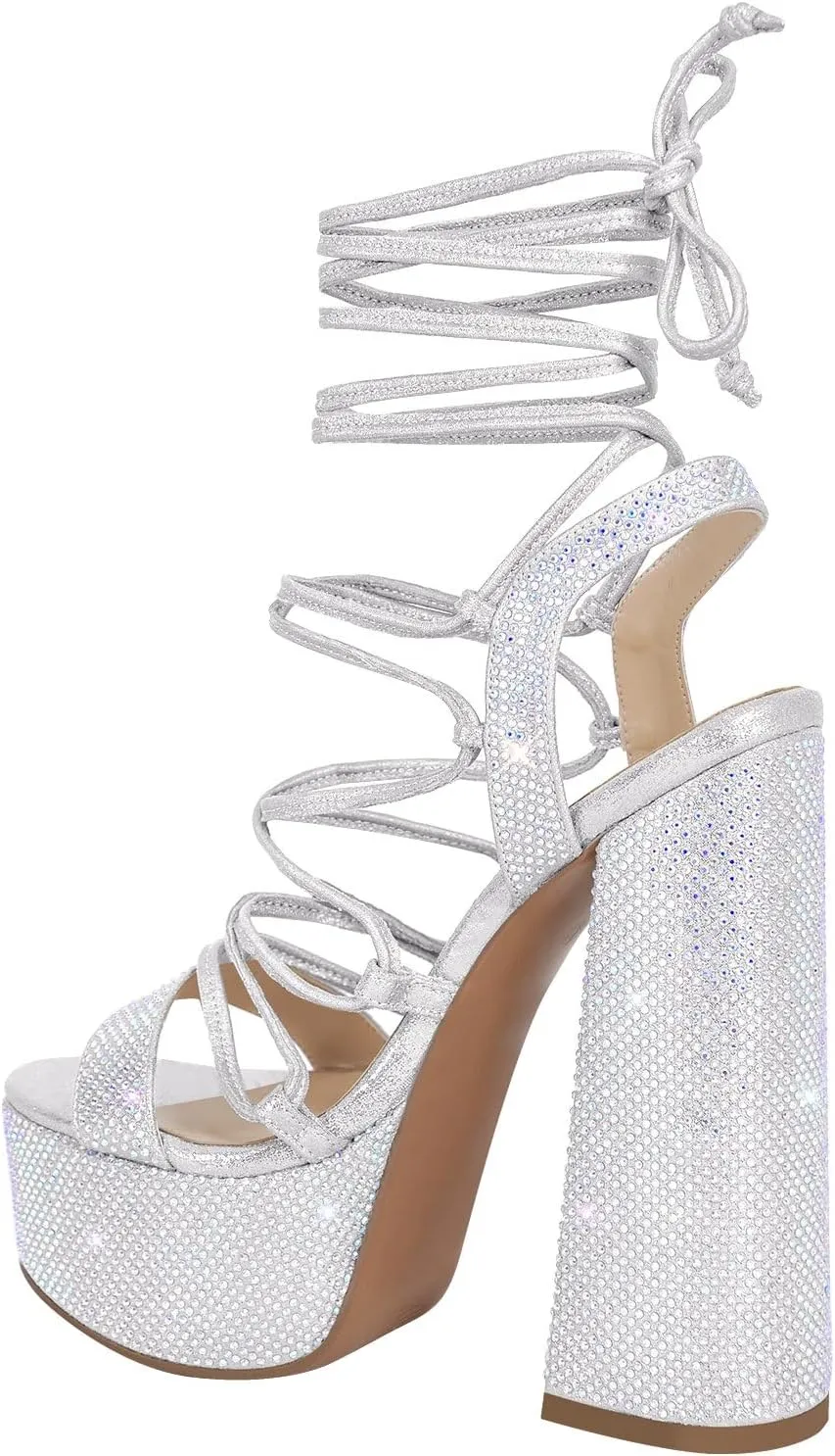 VERISSON Gladiator Rhinestone Block Heels Open Toe Platform Lace up Sandals for Prom Dressing Party