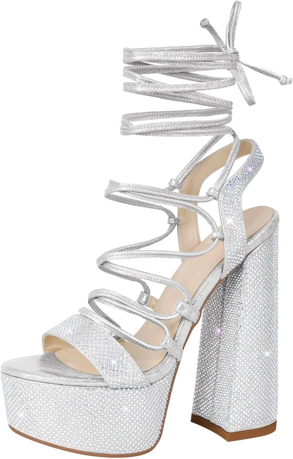 VERISSON Gladiator Rhinestone Block Heels Open Toe Platform Lace up Sandals for Prom Dressing Party
