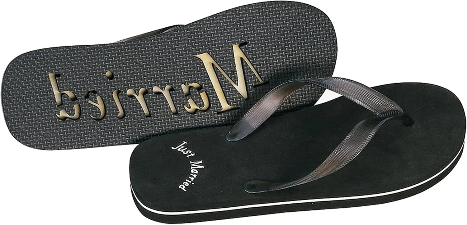 WEDDINGSTAR Just Married Wedding Favor Flip Flops - Black and White Honeymoon Sandals