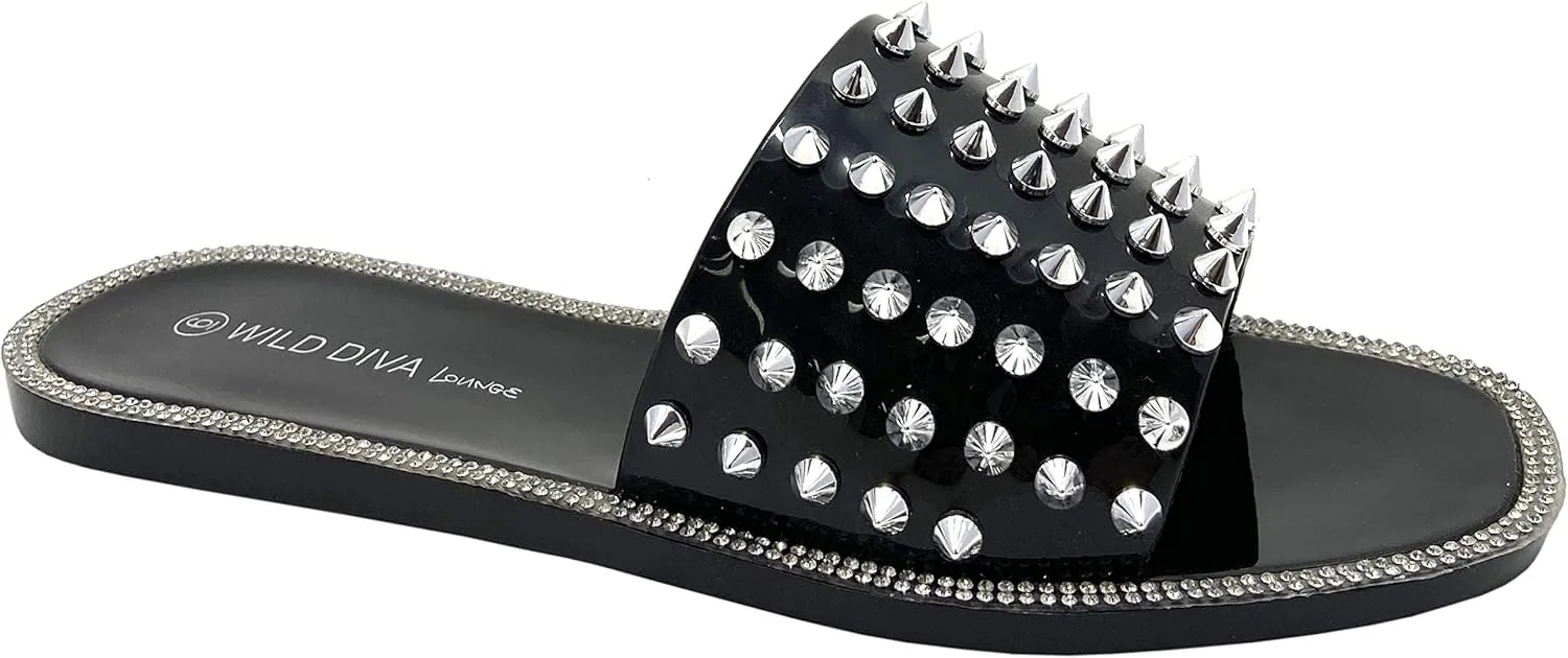 Wild Diva Womens Jelly flip Flop Rhinestone Slippers Sandals (11, Black PVC)