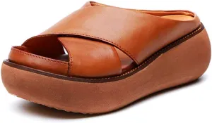 Women Wedge Sandals Two Bands Platform Slides Wavy Sole Flip Flop (brown, numeric_7_point_5)
