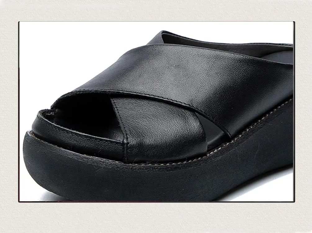 Women Wedge Sandals Two Bands Platform Slides Wavy Sole Flip Flop