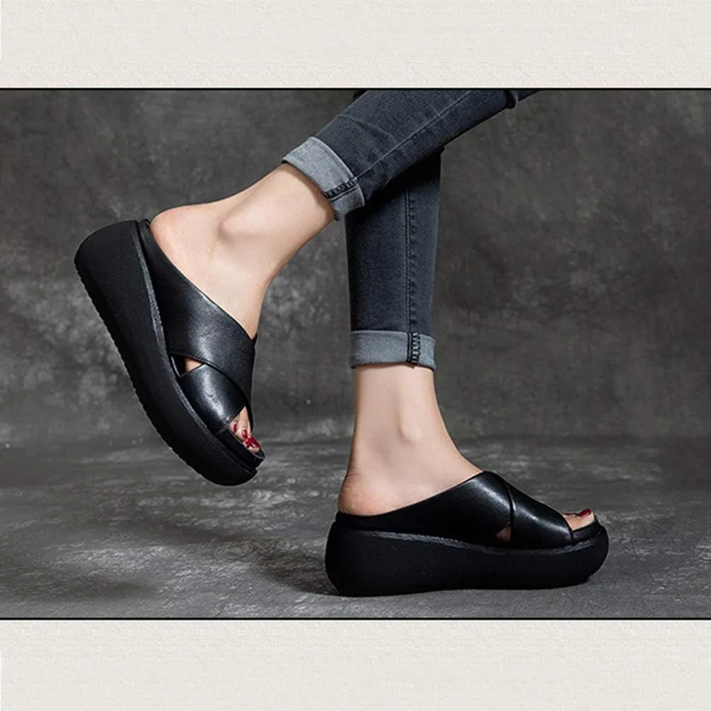 Women Wedge Sandals Two Bands Platform Slides Wavy Sole Flip Flop