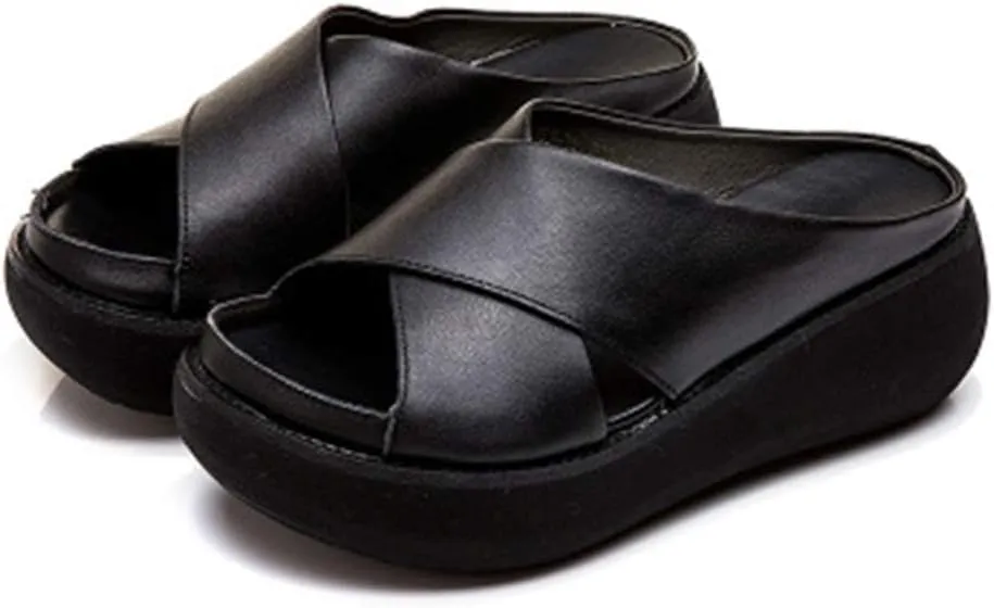 Women Wedge Sandals Two Bands Platform Slides Wavy Sole Flip Flop