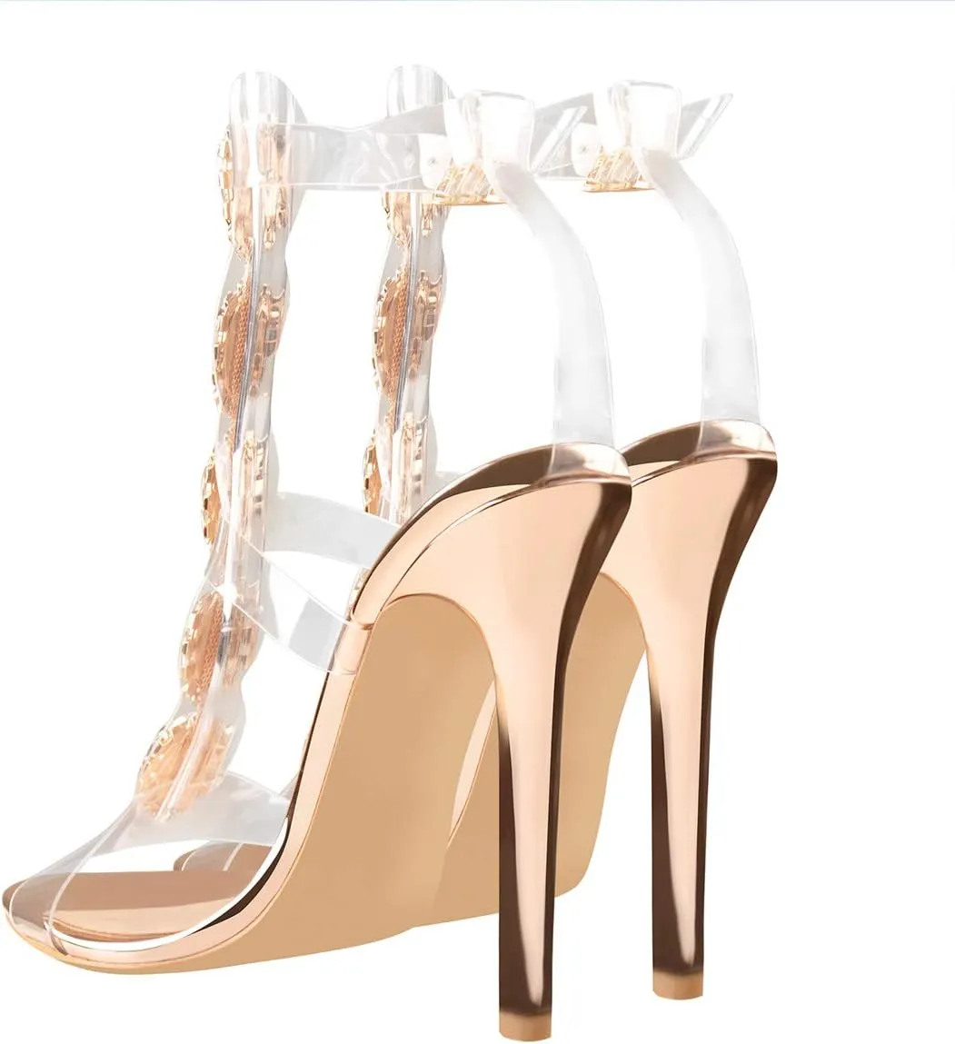 Women's Clear Strappy Gladiator Heels Rhinestones Stiletto Heels Ankle Strap Sandals