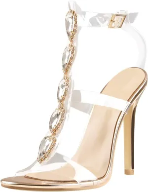 Women's Clear Strappy Gladiator Heels Rhinestones Stiletto Heels Ankle Strap Sandals