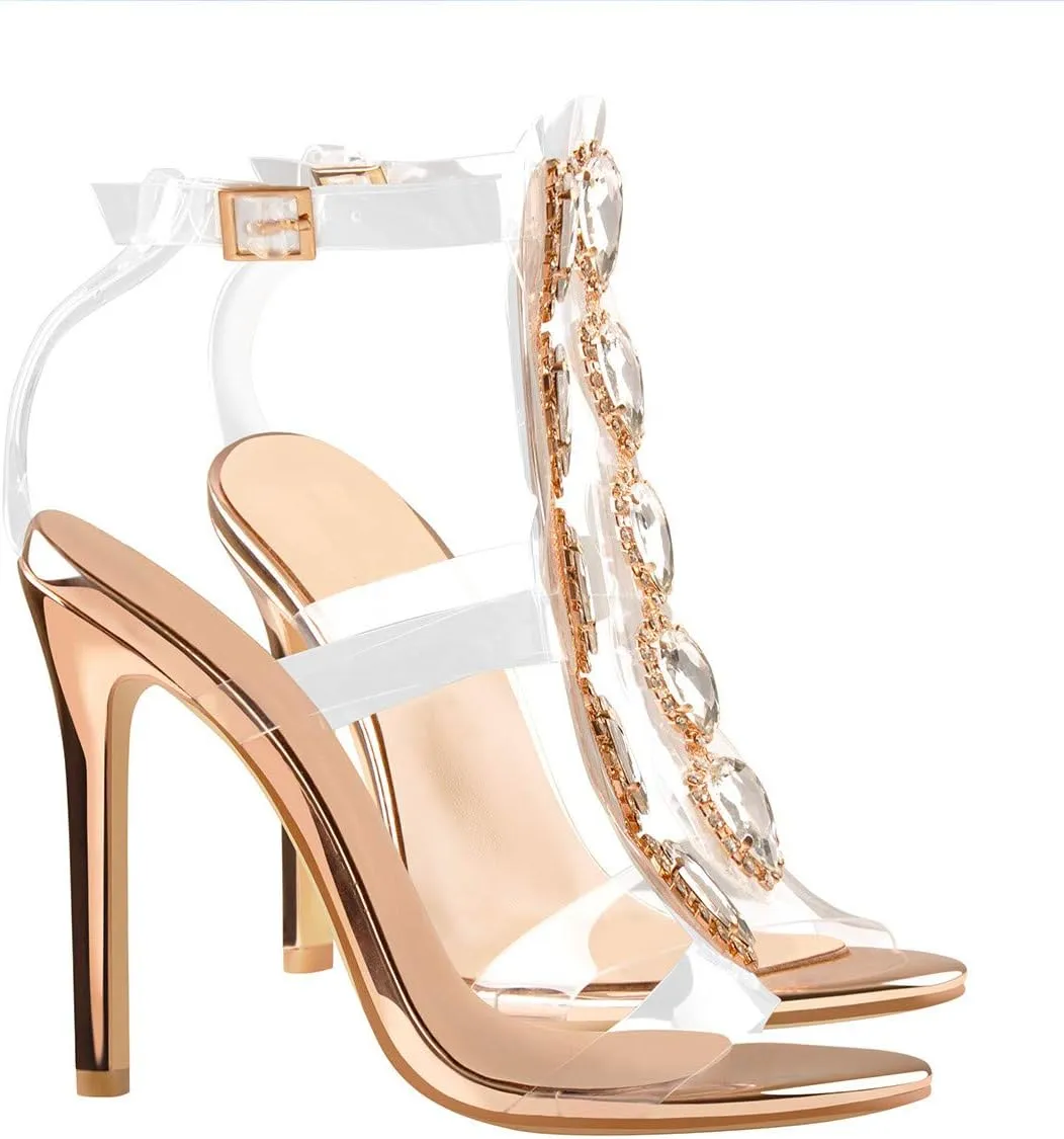 Women's Clear Strappy Gladiator Heels Rhinestones Stiletto Heels Ankle Strap Sandals