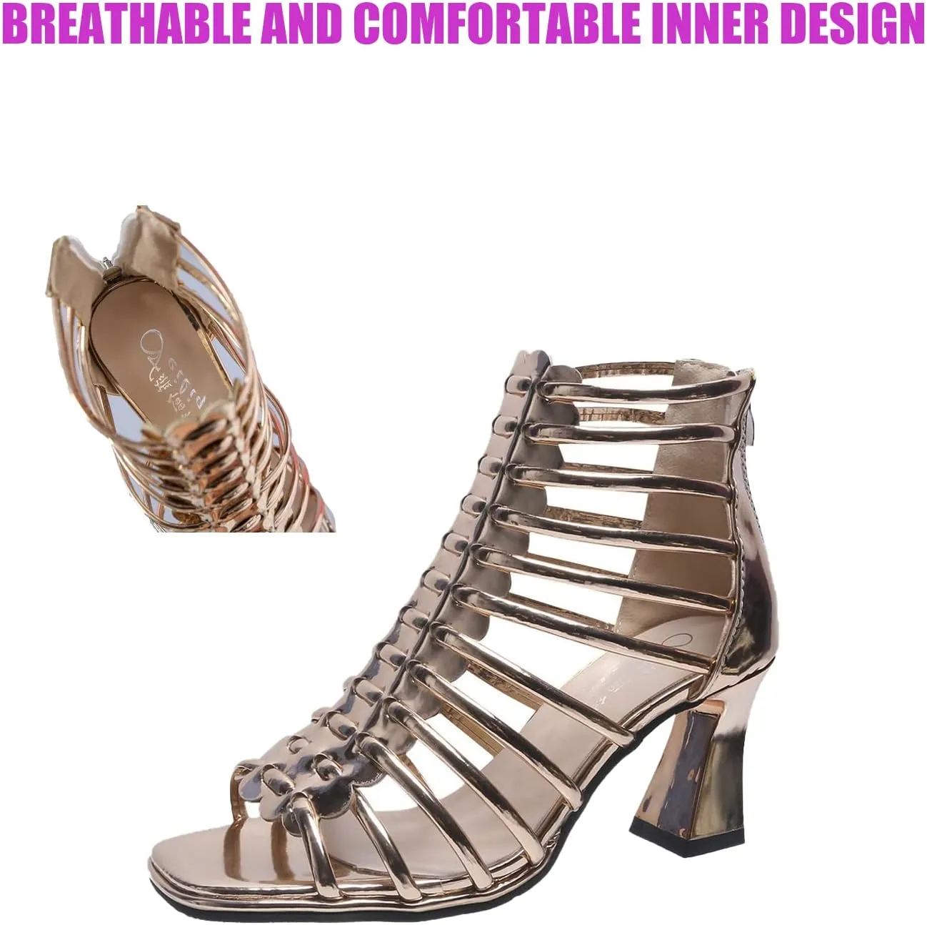 Women's Fashion Open Toe Gladiator Chunky Heel Sandals Hollow Strap Back Zipper Roman Sandals Business Masquerade Birthday Party High Heels