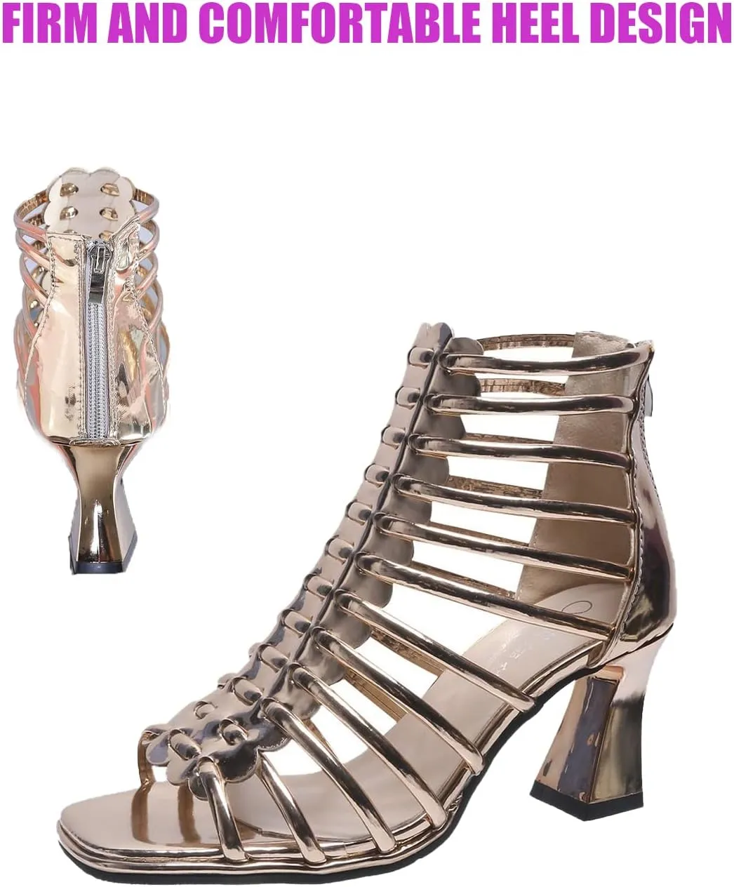 Women's Fashion Open Toe Gladiator Chunky Heel Sandals Hollow Strap Back Zipper Roman Sandals Business Masquerade Birthday Party High Heels