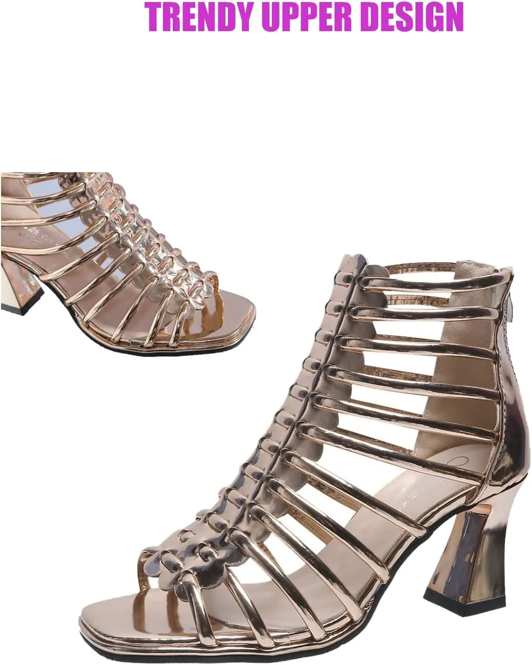 Women's Fashion Open Toe Gladiator Chunky Heel Sandals Hollow Strap Back Zipper Roman Sandals Business Masquerade Birthday Party High Heels