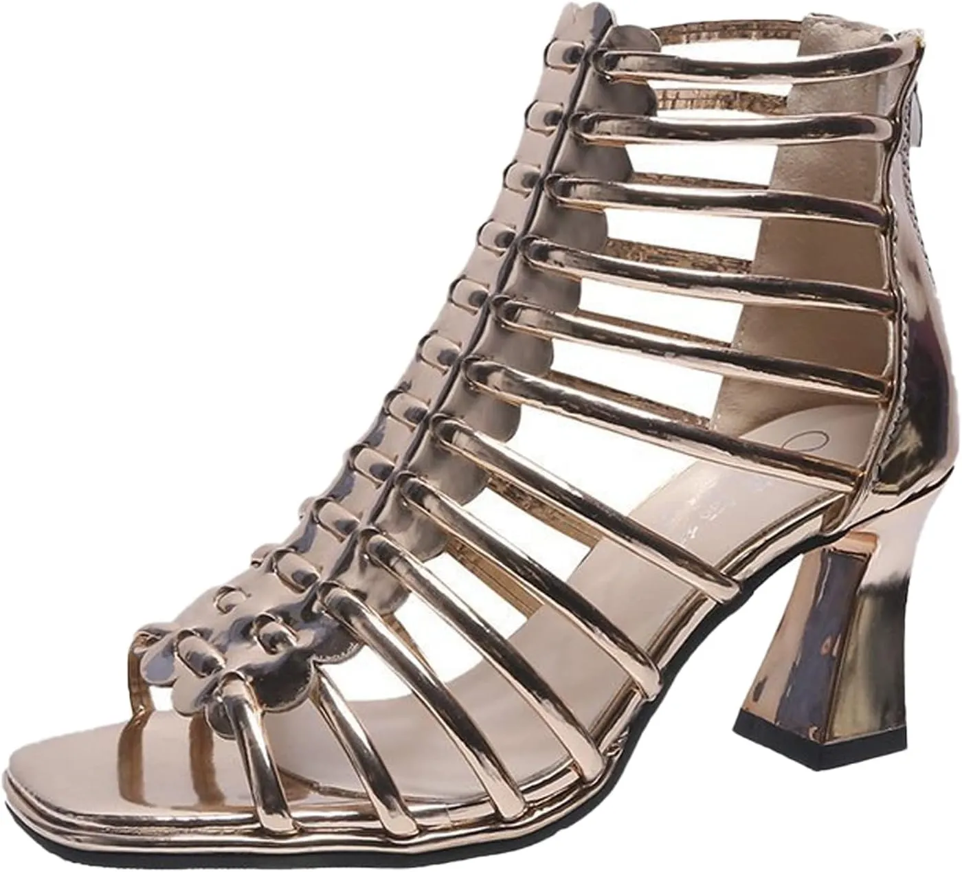 Women's Fashion Open Toe Gladiator Chunky Heel Sandals Hollow Strap Back Zipper Roman Sandals Business Masquerade Birthday Party High Heels