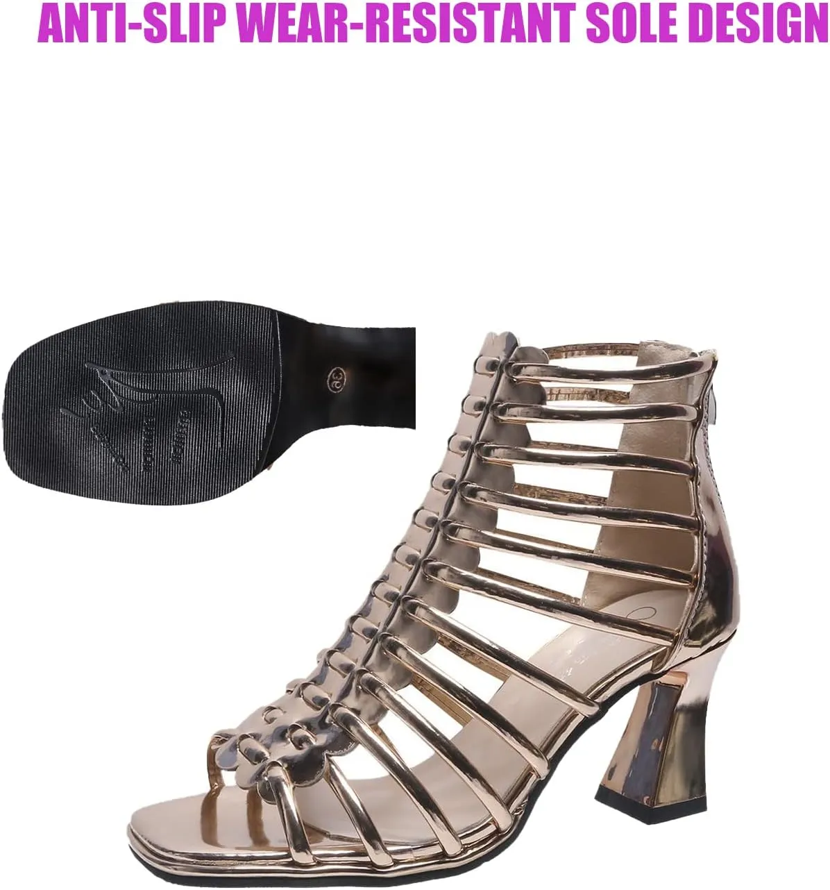 Women's Fashion Open Toe Gladiator Chunky Heel Sandals Hollow Strap Back Zipper Roman Sandals Business Masquerade Birthday Party High Heels