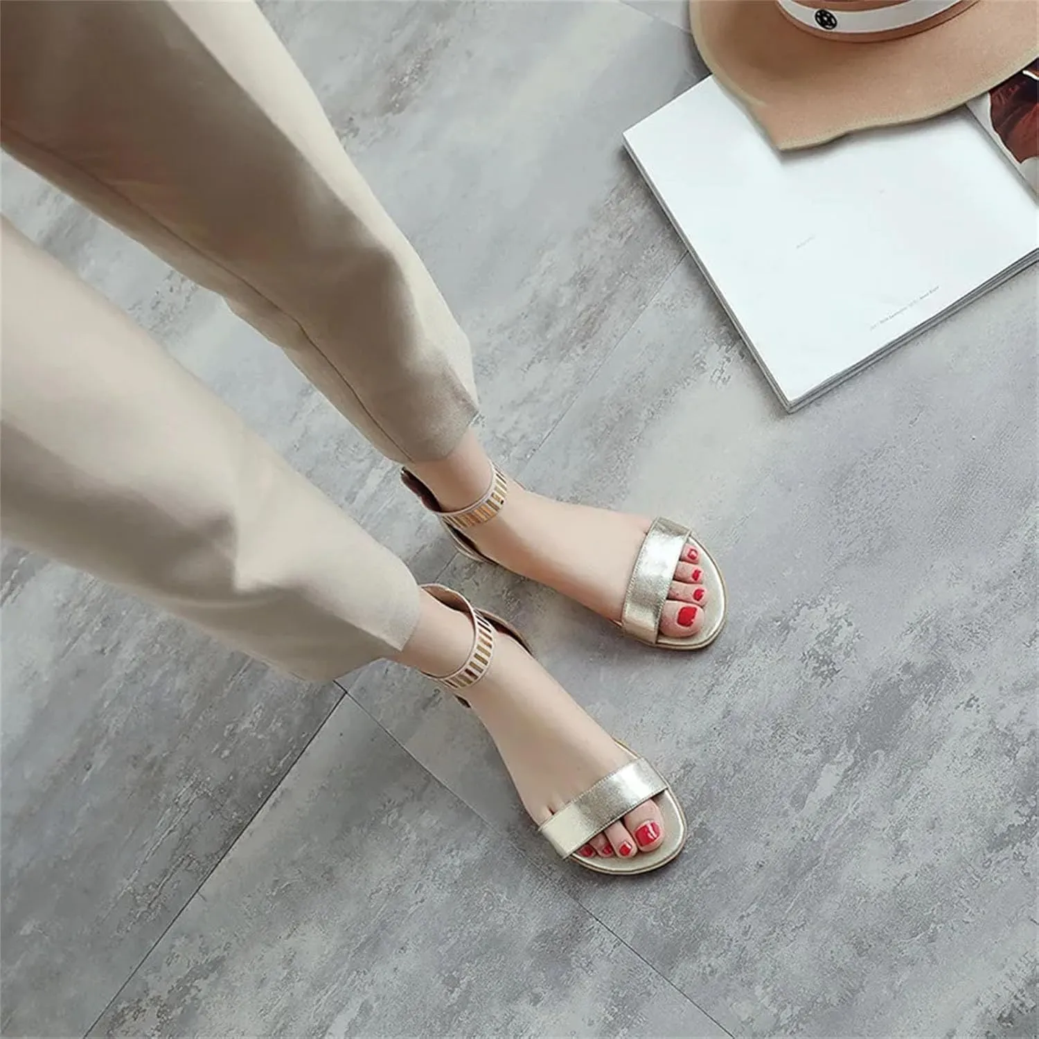 Women's Gladiator Sandals, Genuine Leather Flats Ankle Straps Gold