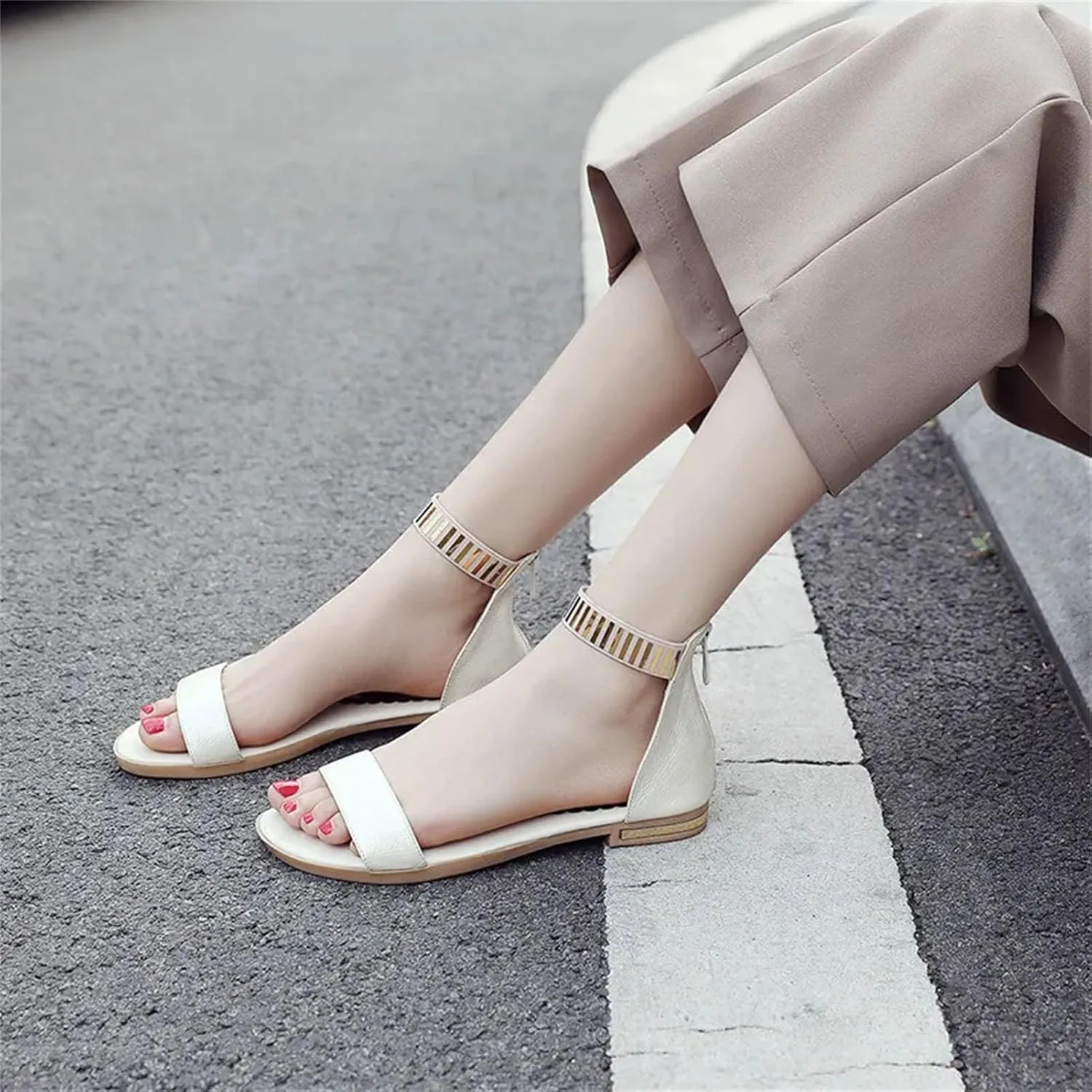 Women's Gladiator Sandals, Genuine Leather Flats Ankle Straps Gold